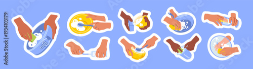 Clean dish. Hands washing kitchen utensil. Safety housework. Housewife arms in gloves. Detergent for dirty tableware. Household cleaning service. Brush and sponge in soap. Housekeeping care vector set