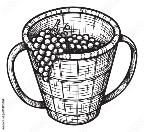 A rustic wooden basket brimming with fresh grapes, perfect for agricultural themed advertisements, winery promotions, or farmtotable culinary graphics