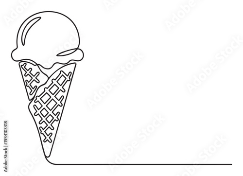 Single continuous line drawing of a refreshing ice cream cone ready for summer menus snack bar branding or sweet dessert marketing campaigns