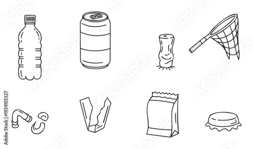 Assortment of common discarded items and recyclable materials, like plastic bottles, cans, and paper, useful for environmental awareness and waste management campaigns.
