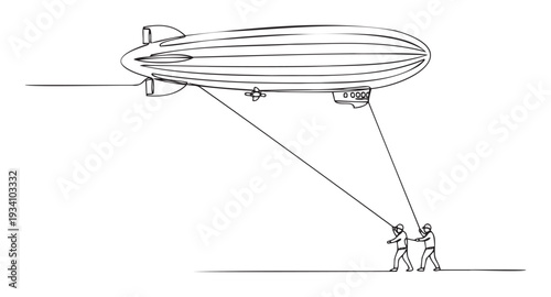 Continuous line drawing of a majestic airship being carefully handled by two dedicated ground crew members, ideal for showcasing historical aviation or the concept of collaborative control
