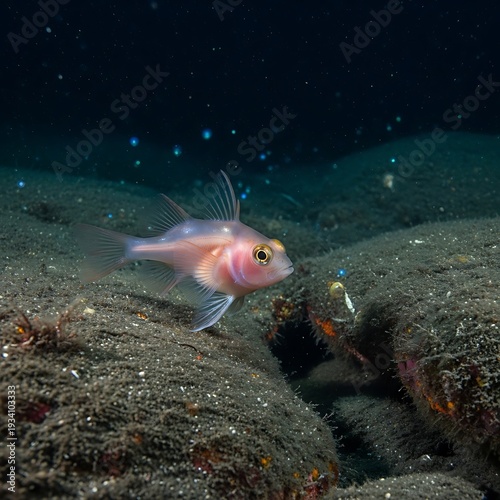 A small pink fish swims near the ocean floor at night