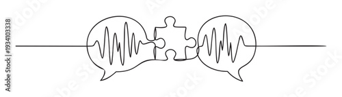 Minimalist continuous line drawing depicting two linked speech bubbles with sound waves and a central puzzle piece, representing effective communication, solutionfinding, and strong