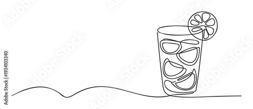 Refreshing summer drink with ice and a lemon slice rendered in a simple continuous line drawing perfect for beverage promotions or minimal hospitality graphics