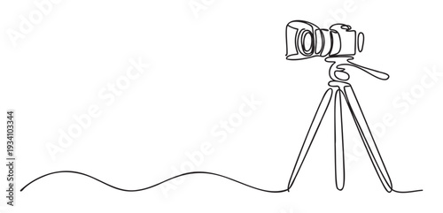 Minimalist continuous line drawing depicting a professional digital camera on a sturdy tripod, ideal for symbolizing photography, media, or visual communication projects