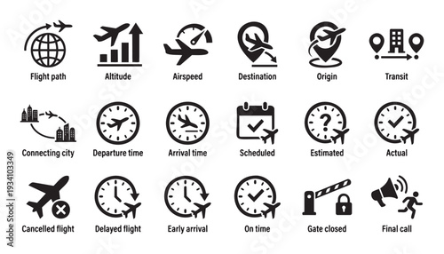 A versatile collection of detailed air travel and flight status icons representing journey dynamics location scheduling and critical alerts for use in airline applications and airport