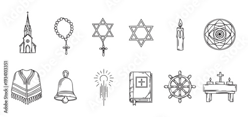 A comprehensive collection of diverse religious and spiritual symbols and items, perfect for faithbased projects, educational resources, and cultural designs