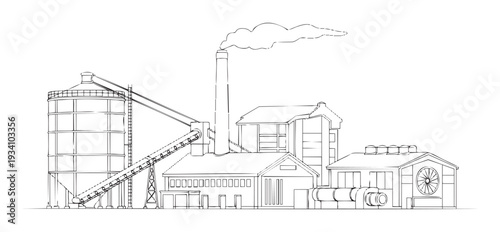 Outline drawing of an industrial factory complex featuring a tall smokestack, large storage silo, conveyor system, and multiple buildings for manufacturing or processing operations,