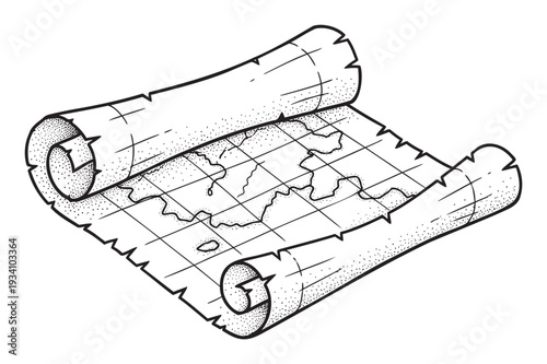 Handdrawn ancient scroll with a detailed world map and navigational grid lines, ideal for historical education materials, exploration game interfaces, vintage journey publications, and