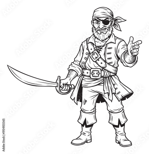 A grizzled pirate captain with an eye patch and a flowing beard, holding a cutlass and pointing forward, ready for high seas adventure, perfect for gaming, apparel, or themed event