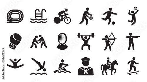 A diverse collection of black silhouette icons depicting various sports and athletic activities for engaging visual communication and active lifestyle media designs