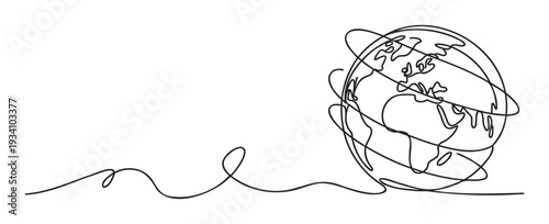 Minimalist continuous line drawing depicting a global journey with interconnected orbits, perfect for technology and communication business presentations.