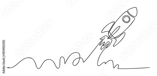One continuous line drawing of a rising rocket representing business growth, successful startup launch, innovation, or a new project idea for financial success.