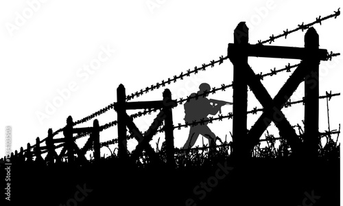 Lone military soldier silhouette patrolling behind a barbed wire fence on a dark battlefield, depicting a frontline border security guard scene in a black and white vector illustration