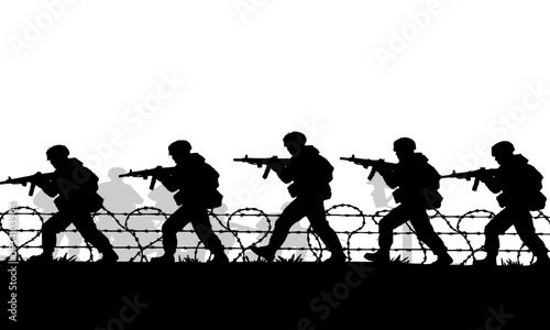 Military soldier silhouettes patrolling along a barbed wire border fence in combat formation, depicting armed infantry troops on a security mission in a dramatic black and white vector illustration