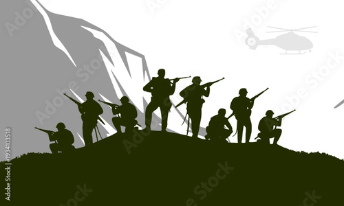 Military soldier silhouettes standing on a hilltop with weapons raised and a helicopter in the background, depicting a victorious army squad in a tactical combat scene vector illustration