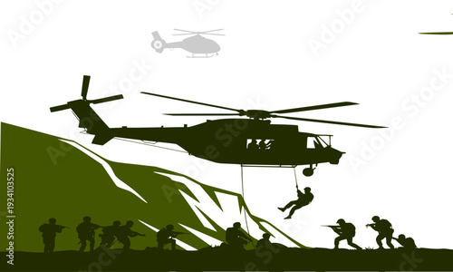 Military helicopter with soldiers fast-roping down into a green hillside battlefield while armed infantry troops advance, depicting a tactical army assault operation in a vector illustration