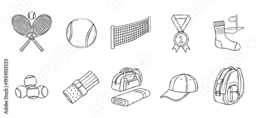A curated collection of hand drawn sports equipment and active lifestyle accessories featuring tennis rackets, balls, nets, and athletic gear for various graphic projects.