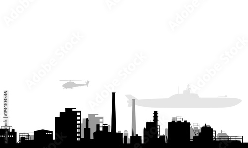 Urban industrial city skyline silhouette with military helicopter and warship in the background, depicting a harbor defense scene in a dramatic black and white vector illustration