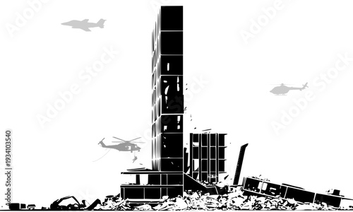 Destroyed urban building ruins silhouette with military helicopters flying over a devastated war-torn city, depicting post-conflict destruction in a dramatic black and white vector illustration