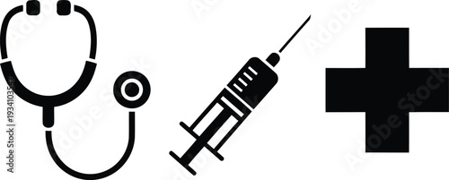Black stethoscope syringe and medical cross icons on white 1