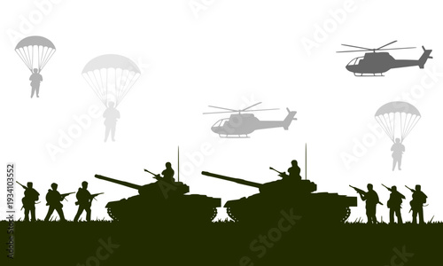 Military silhouette scene featuring battle tanks, helicopters, paratroopers descending with parachutes and armed soldiers, depicting a full-scale army assault operation in a vector illustration