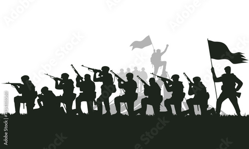  Military soldier silhouettes charging into battle with flags and weapons raised, depicting a heroic army assault formation in a dramatic dark green vector illustration