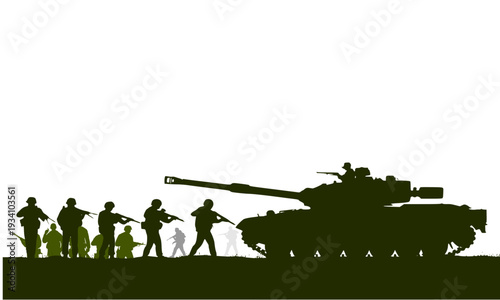 Green silhouette of military soldiers marching in formation alongside a battle tank on a warzone battlefield, depicting armed forces strength in a vector illustration