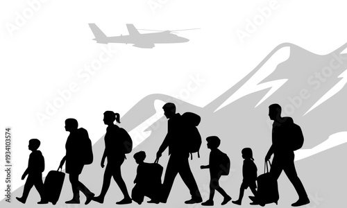 Silhouette of refugee family group with children and luggage walking through mountain landscape with airplane overhead, depicting migration and immigration journey in a black and white vector illustra