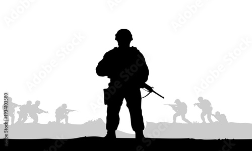 Brave military soldier silhouette standing in the foreground with armed infantry troops advancing on a misty battlefield, depicted in a dramatic black and white vector illustration