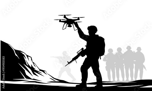 Military soldier silhouette launching a combat drone with armed infantry troops in formation on a dark battlefield, depicting modern warfare technology in a black and white vector illustration