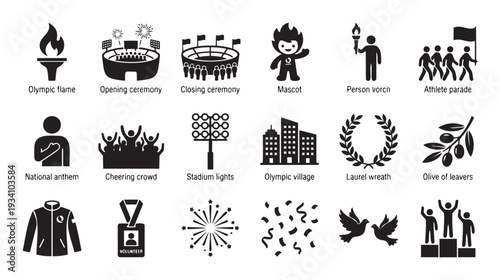 This comprehensive collection of Olympic and sporting event icons provides essential visual assets for event promotions, news coverage, and educational materials