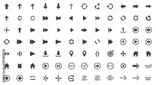 A comprehensive set of navigational and directional glyphs representing various movement and