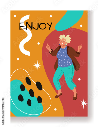 Art abstract poster. Senior cheerful woman. Elderlies enjoy. Happy dancing grandmother. Curve color geometric shapes. Excited grandparent. Joyful granny lifestyle. Retired dancer fun vector banner