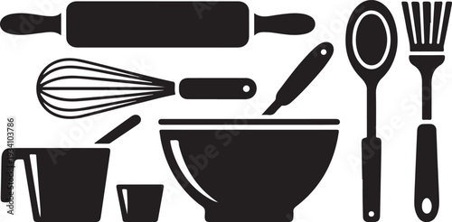 Black kitchen utensils and baking tools black silhouette