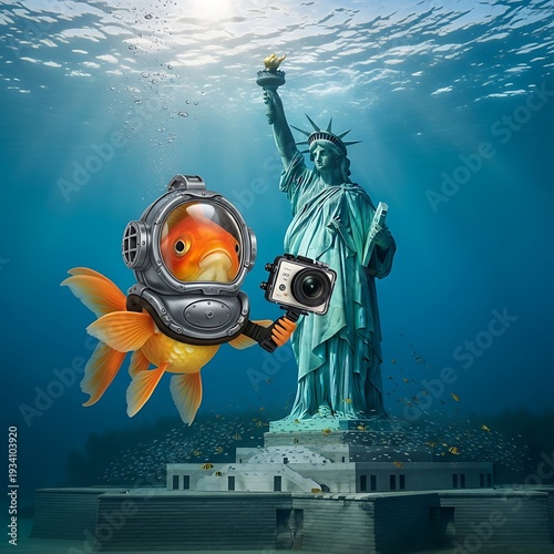 A goldfish in a diving helmet swims with a camera underwater near the Statue of Liberty