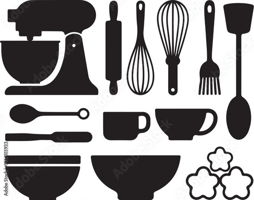 Black kitchen utensils and baking tools on white background