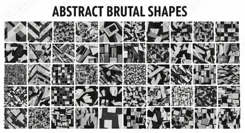 A grid of abstract monochrome art panels displaying various brutalist shapes and forms