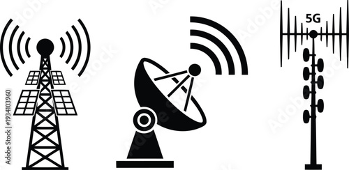 Communication towers satellite dish and 5 G antenna icons