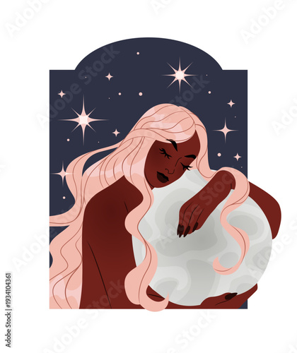 Woman magic. Young female Boho portrait. Witch beauty. Spiritual space stars. Moon sky. Night sleep. Magical spell. Beautiful people wellbeing. Modern mystic girl dreaming. Vector pretty face card