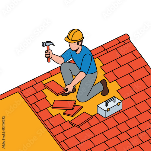 Roofer Installing Tiles on Roof.
