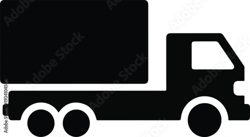A black delivery truck icon It has a cargo box cab wheels