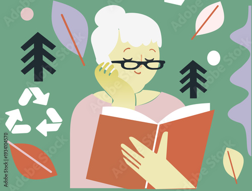 Old lady satisfying by reading a book in a calm nature place  