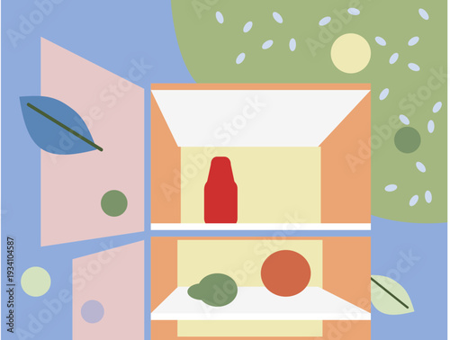 Open Community fridge with nature landscape in background