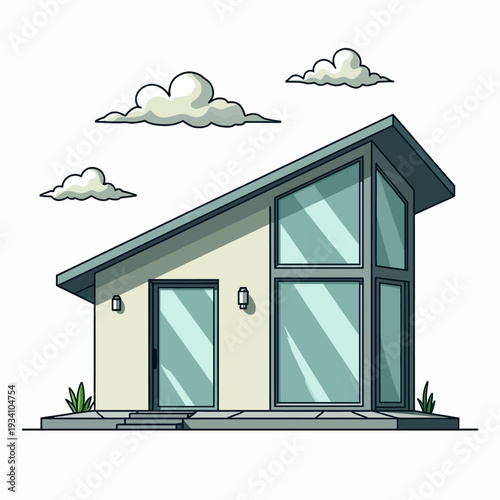 Modern minimalist small house design with a slanted roof and large glass windows perfect for sustainable tiny living or contemporary architecture.
