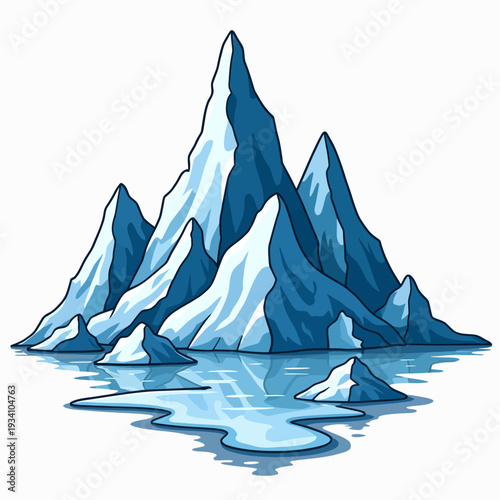 Jagged blue ice mountains and snowy peaks reflected in frozen arctic water create a serene winter landscape for nature and adventure themes.

