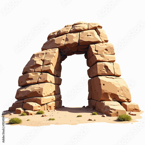 Natural desert archway made of stacked stone blocks under bright sunlight for travel blogging and geological landscape photography inspiration ideas.
