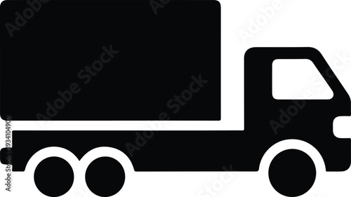A black delivery truck icon The truck has a boxy cargo area and a single cab It has a windshield and four wheels