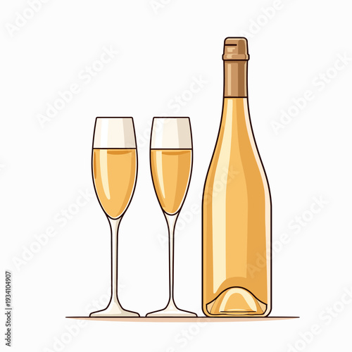A celebratory champagne bottle and two filled flutes illustration, perfect for wedding anniversaries, New Year's Eve parties, and romantic event invitations.

