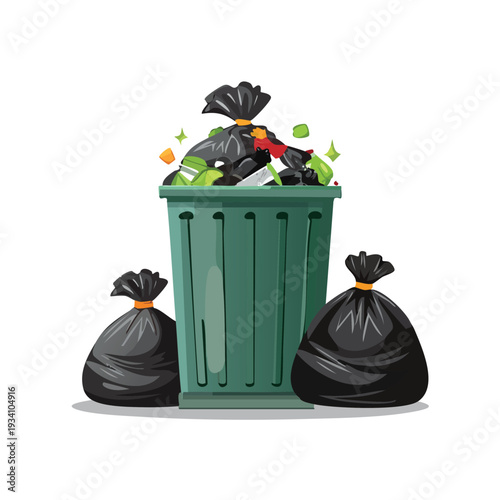 Green trash can overflowing with garbage and waste bags